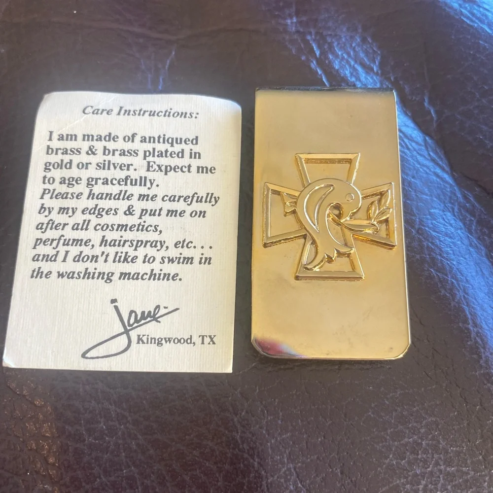 Money Clip Religious Cross Dove Brass Gold Plated Artesian Made Great Gift